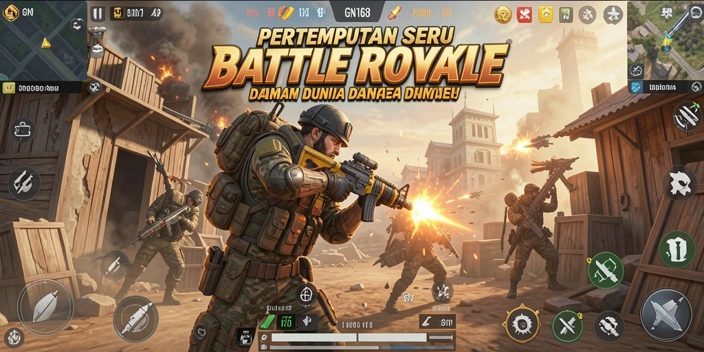 Menggambarkan aksi mendebarkan gameplay Battle Royale di GN168.