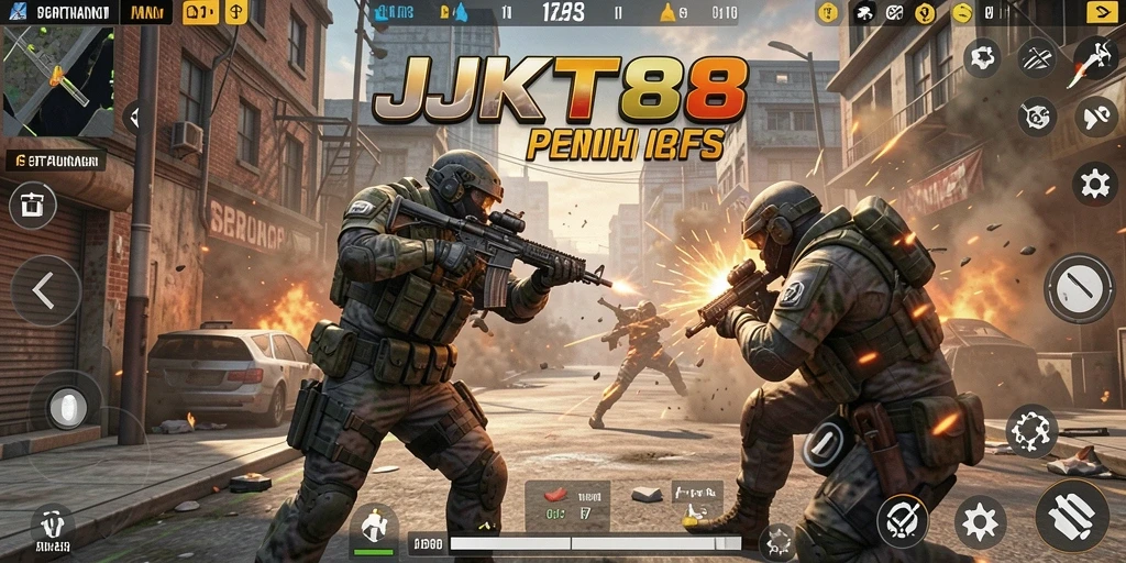 Screenshot gameplay JKT8 menampilkan pertempuran FPS yang intens.
