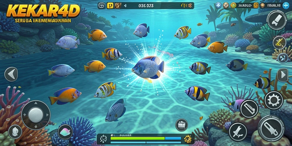 Tampilan gameplay seru dari KEKAR4D dengan berbagai ikan yang menunggu untuk ditangkap.
